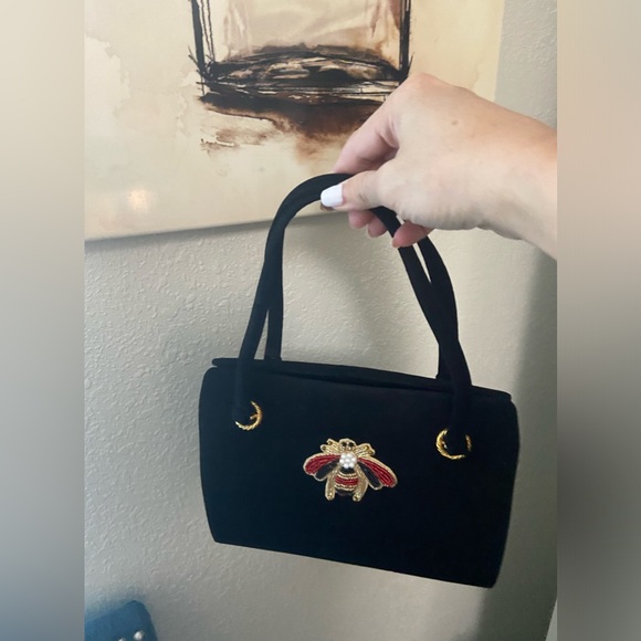 Vintage 2 Pieces Black Suede Leather Top Handle Handbag Gold Hardware Bee Accent - Picture 15 of 16
